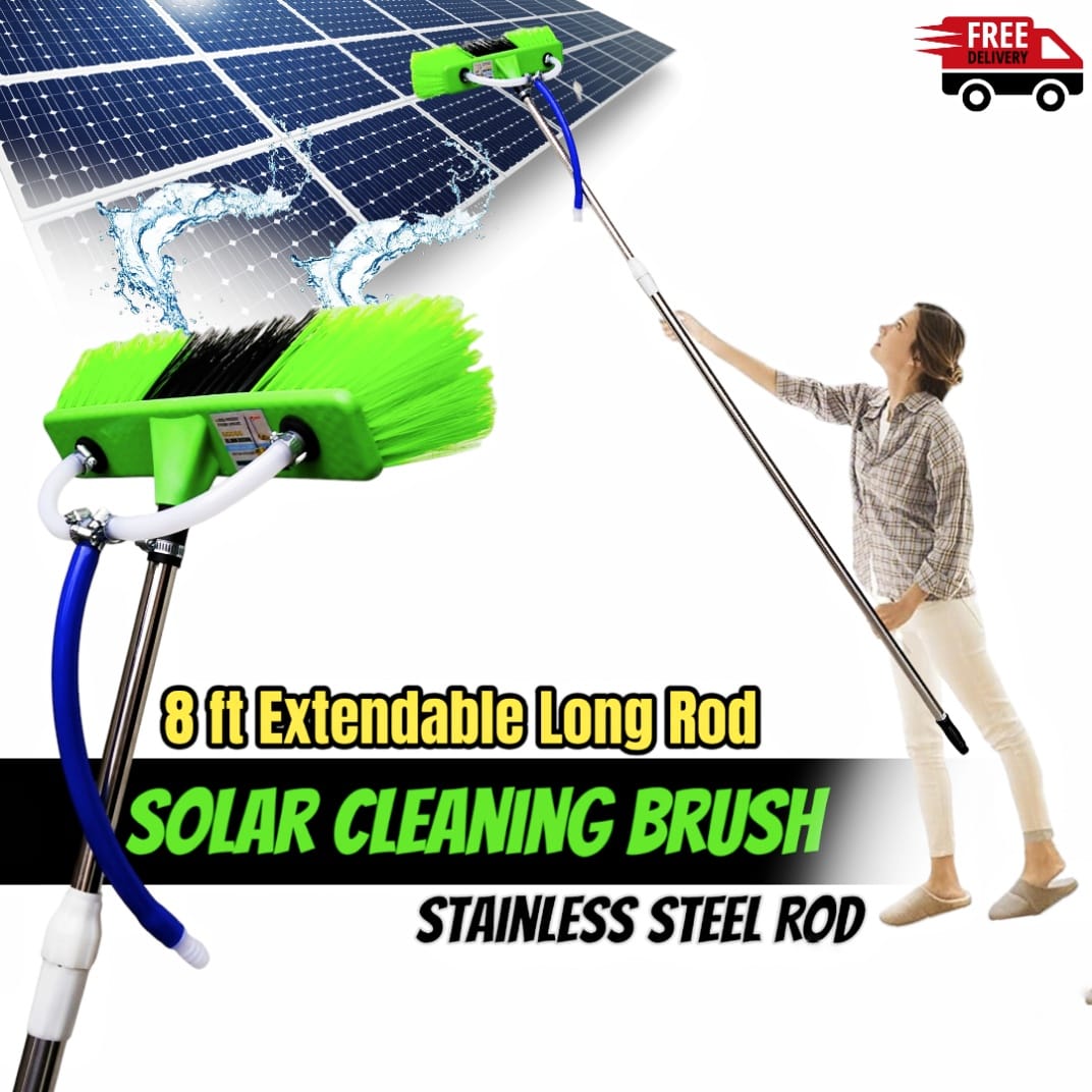 Solar Panel Cleaning Brush with Water System, 12 FT Adjustable non-magnetic STAINLESS STEEL Rod, Solar Panel Cleaning Brush and Outdoor Window Washing Brush