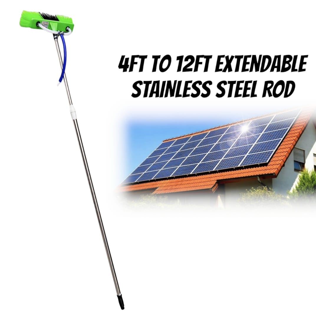 Solar Panel Cleaning Brush with Water System, 12 FT Adjustable non-magnetic STAINLESS STEEL Rod, Solar Panel Cleaning Brush and Outdoor Window Washing Brush